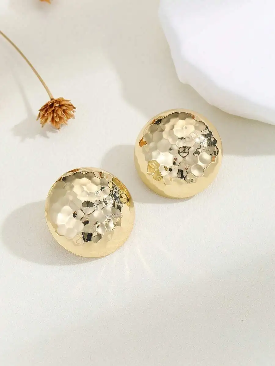

Golden-Tone Round Hammered Texture Stud Earrings For Women