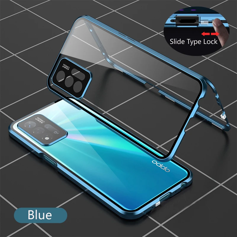 

Full Protection Metal Magnetic Double-sided Glass Snap Lock Case For OPPO Reno 12F 11 F 8T 10 Pro Plus 5G Lens Cover Phone Cases