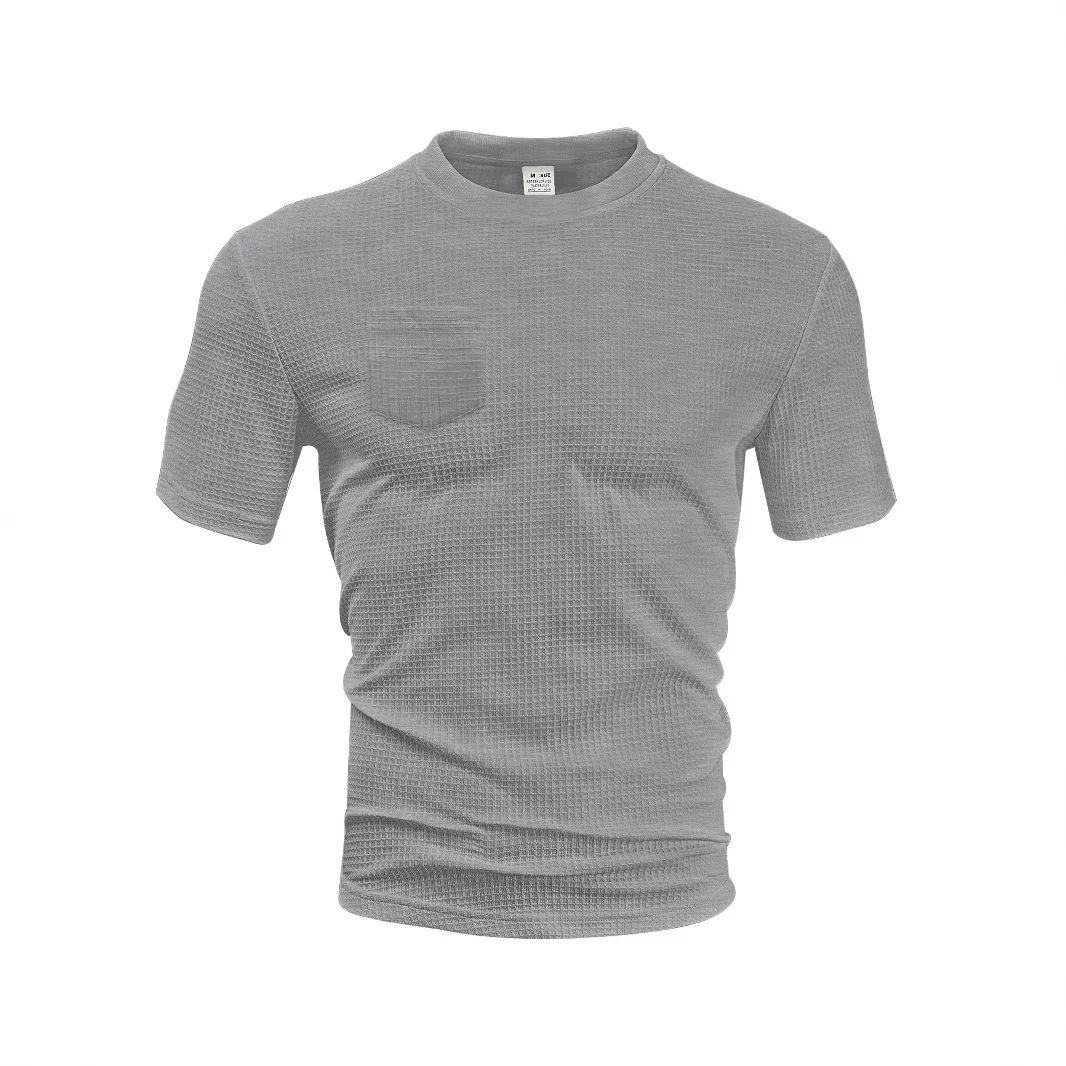 Men Waffle Knit Short Sleeve T‑Shirt Crew Neck Chest Pocket Solid Color Casual Summer Tops