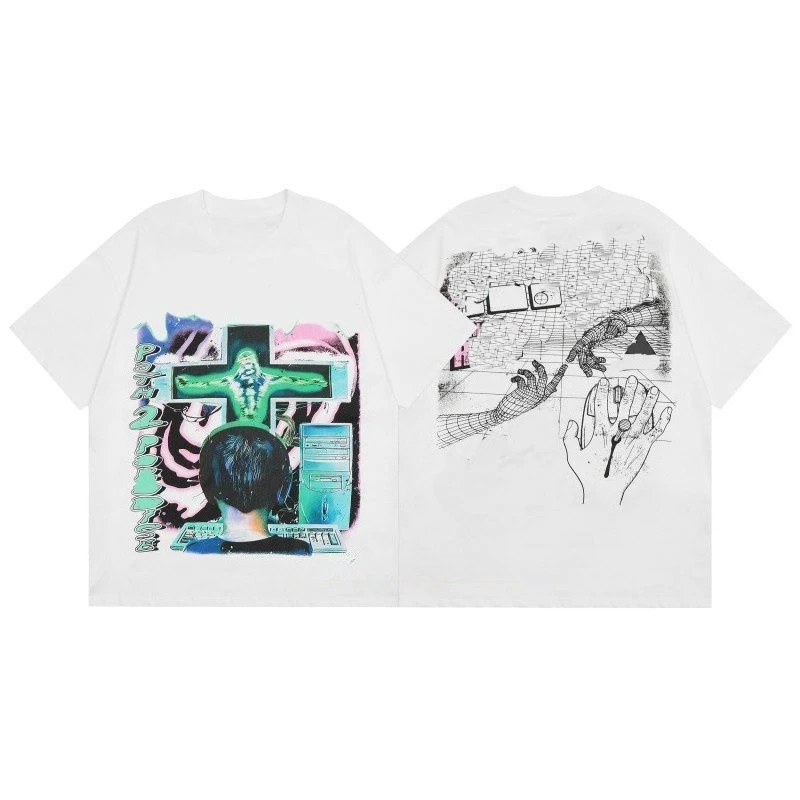 2026 new Loose round-neck T-shirt with abstract street-style artistic patch design on the front back suitable for both men women