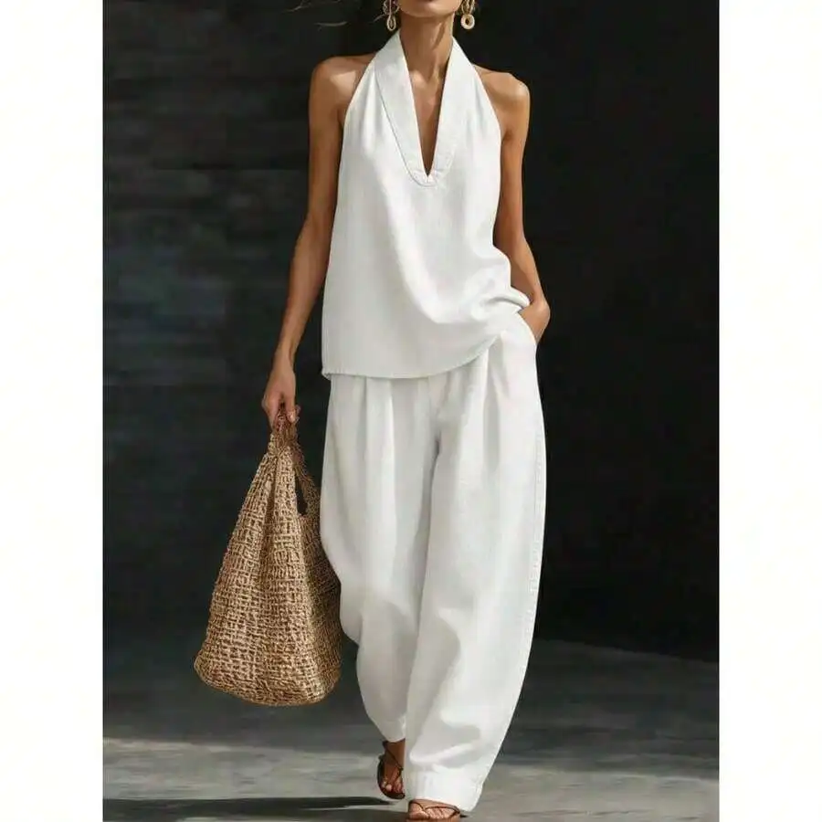 

White Halter Neck Sleeveless Top And Wide Leg Pants Set Casual Summer Outfit
