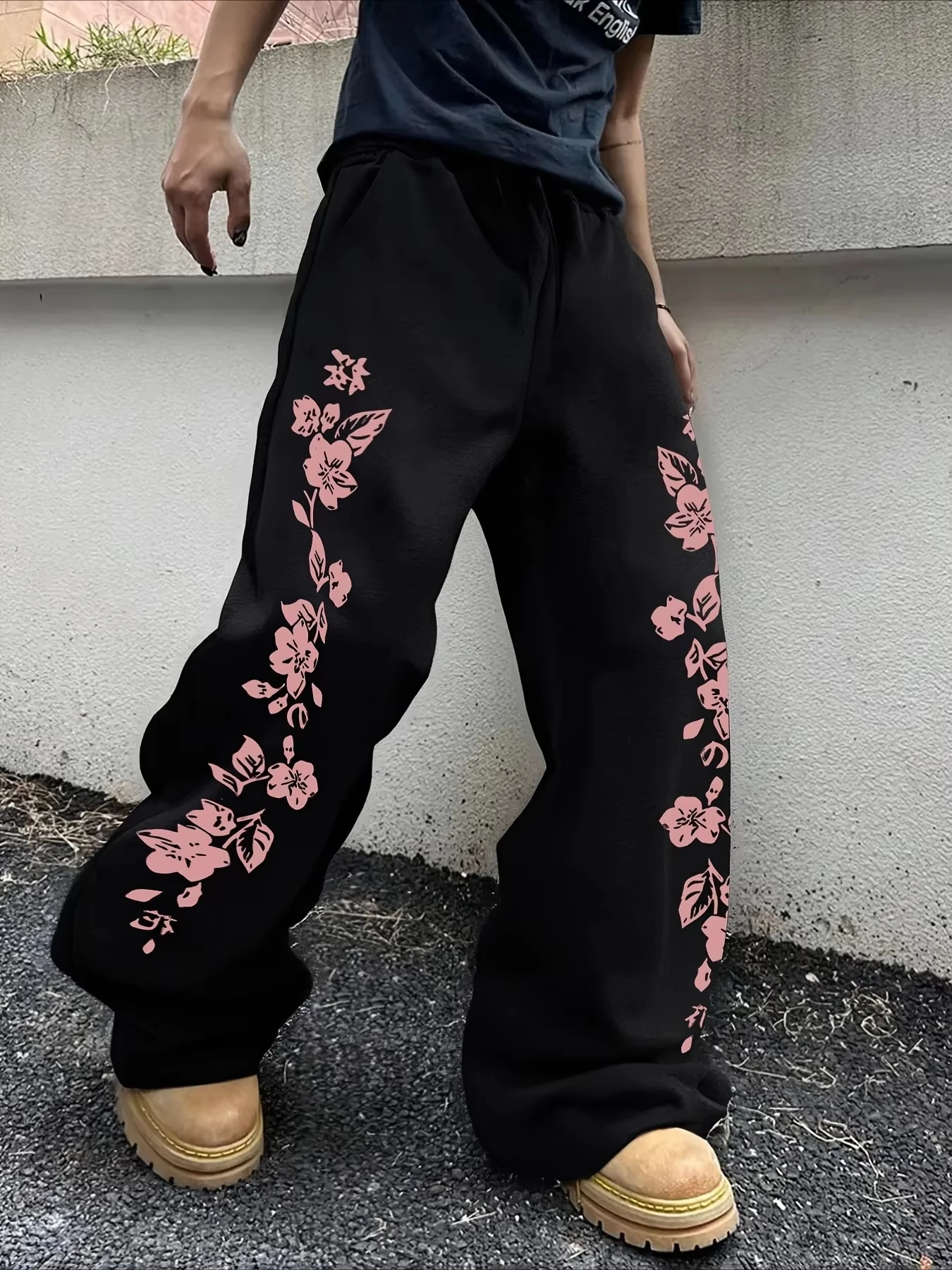 2026 Japanese Harajuku Street Cherry Blossoms and Wind Printed Wide Leg Pants for Men Women Casual Fashion Streetwear Pants