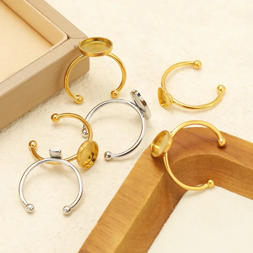 10pcs Stainless Steel Gold Color Open Ring Settings Blank Cabochon Base Tray Rings for DIY Fashion Rings Supplies Jewelry Making