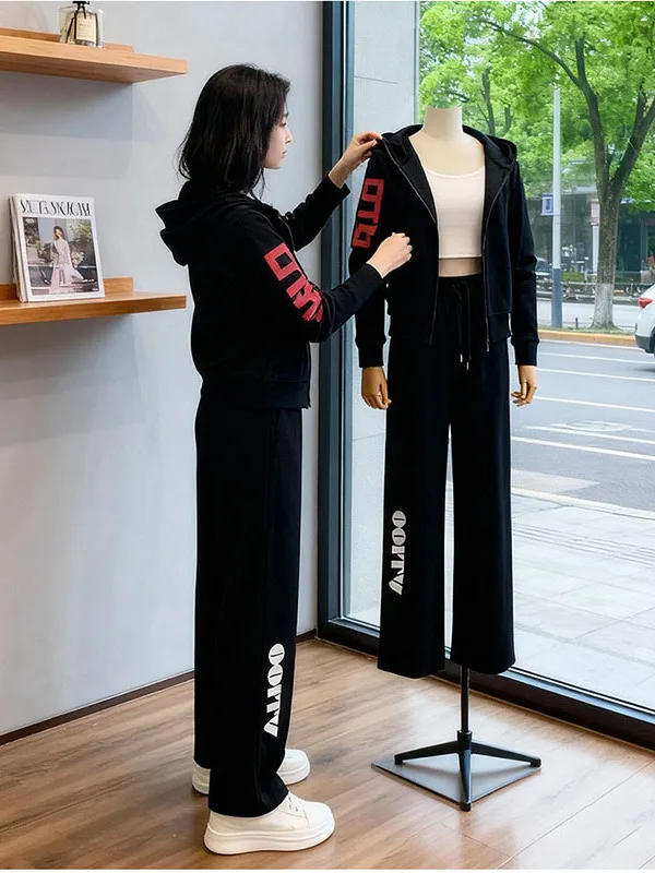 

Женский комплект спортивной одежды, повседневный костюм для утреннего бега, длинная толстовка с капюшоном све, кардиган на молнии, комплект из двух предметов, полиэфирное волокно