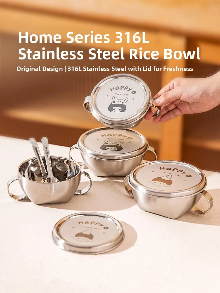 

Modern Housewife Children's Rice Bowl 316L Stainless Steel Bowl with Lid Baby Supplementary Food Bowl Cartoon Design Dishwash...