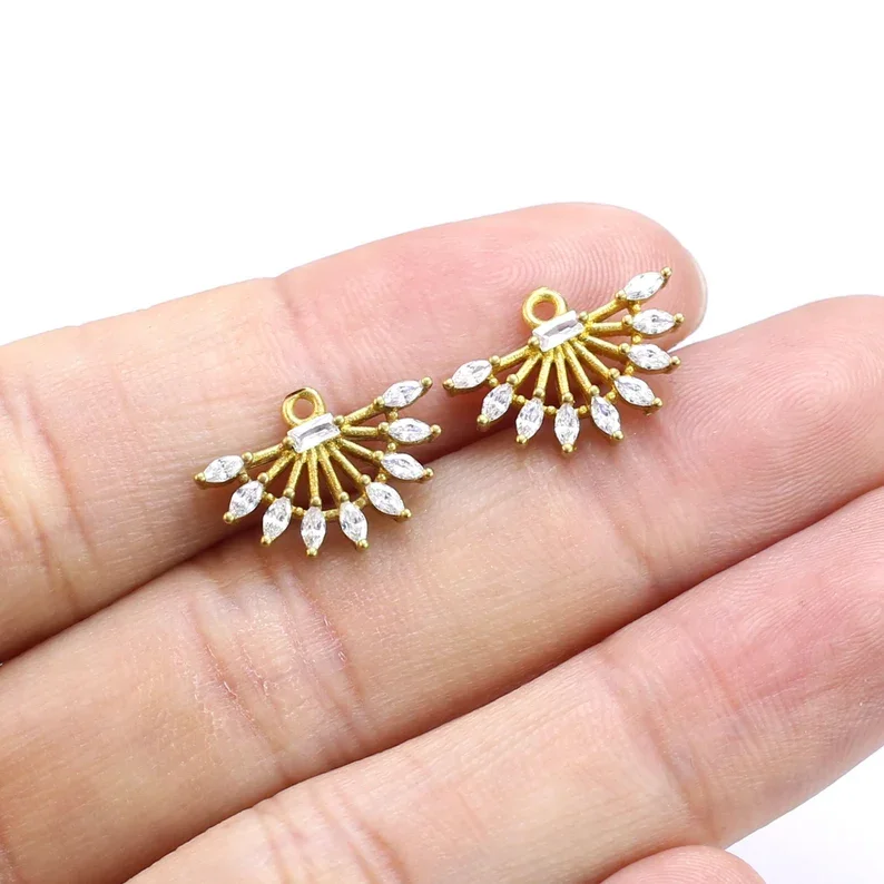 10pcs CZ Fringe Charms, Half Round Earring Charms, Jewelry Making, Sunburst Earring Findings, 16.2x11.5mm -R2609