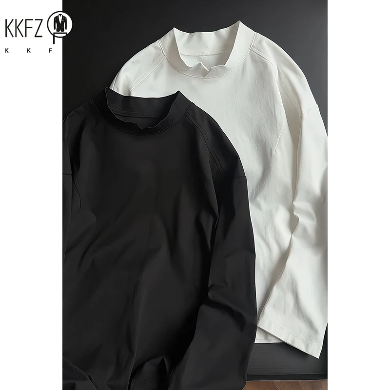 Mens Daily Wear Notched Mock Neck Long Sleeve Tee Solid Plain Fabric Loose Silhouette For Weekend Casual Gathering