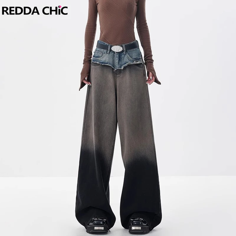 REDDACHiC Patchwork Vintage Y2k Gradient Baggy Jeans Women Trousers Tie Dye Frayed Stitch Wide Leg Casual Pants 90s Streetwear