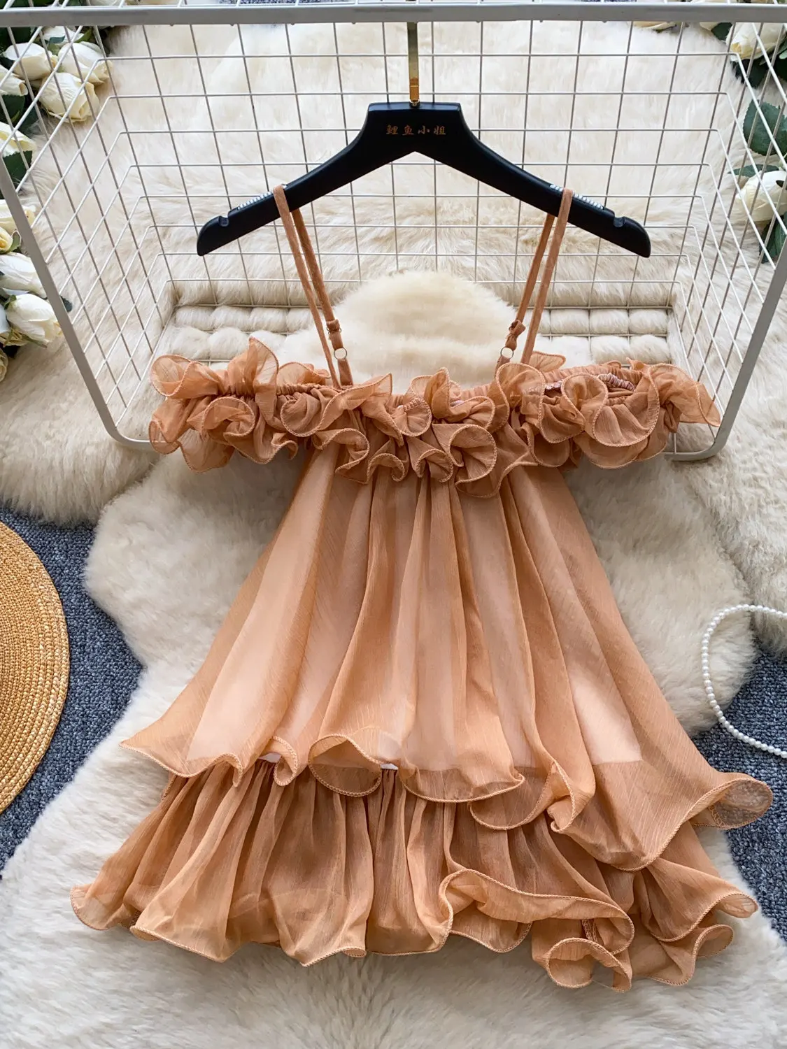 Women's Orange Ruffle Cami Top Y2K Gyaru Sweet Tank Top Vacation Style Off Shoulder Chiffon Cropped Top for Women Summer 2026
