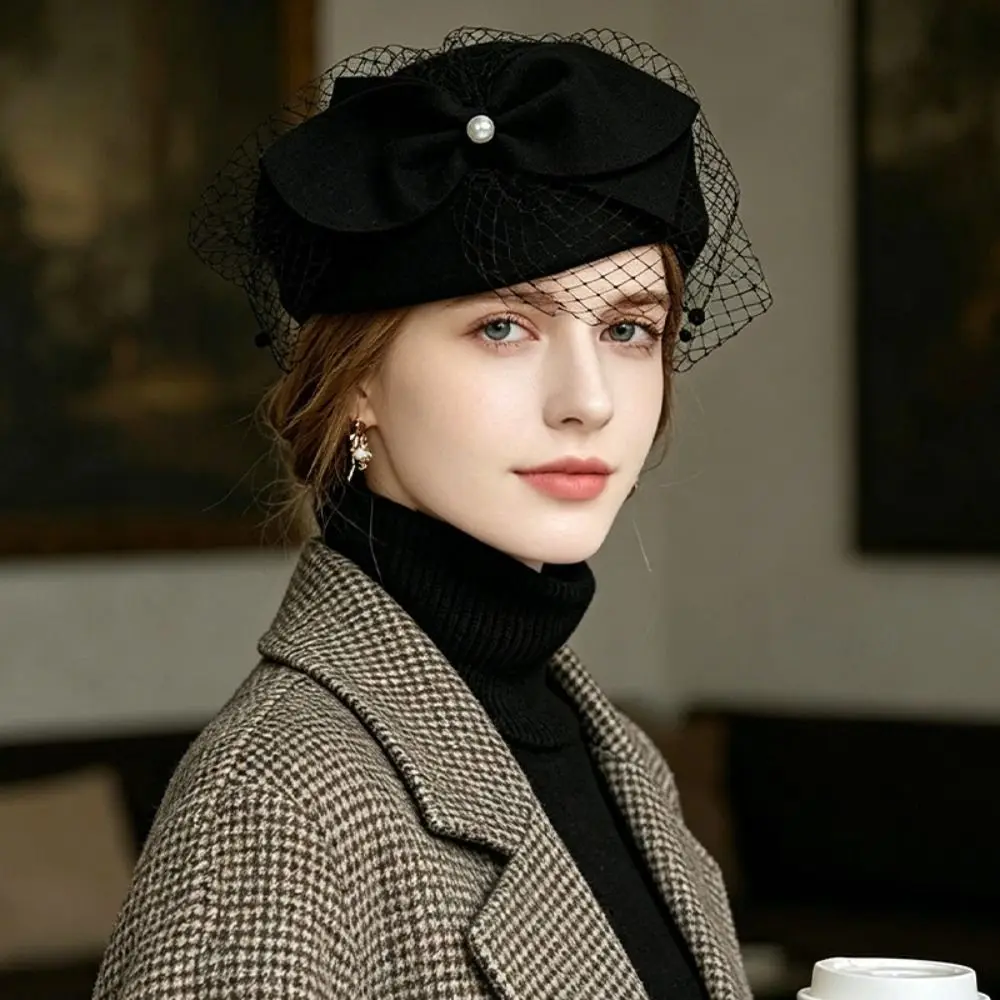 Uniform Stewardess Hat French Style Bow Fedora Hat Fedoras Pearls Pillbox Hat Versatile Elegant Woolen Beret Live Show
