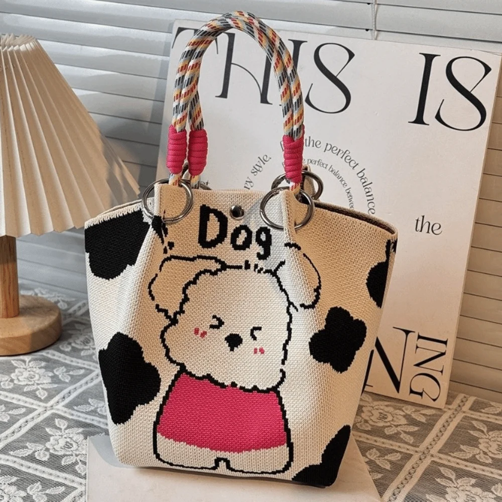 Eco-Friendly Knitted Bucket Bag Large Capacity Magnetic Snap Closure Cartoon Handbag Lightweight Woven Ring Buckle