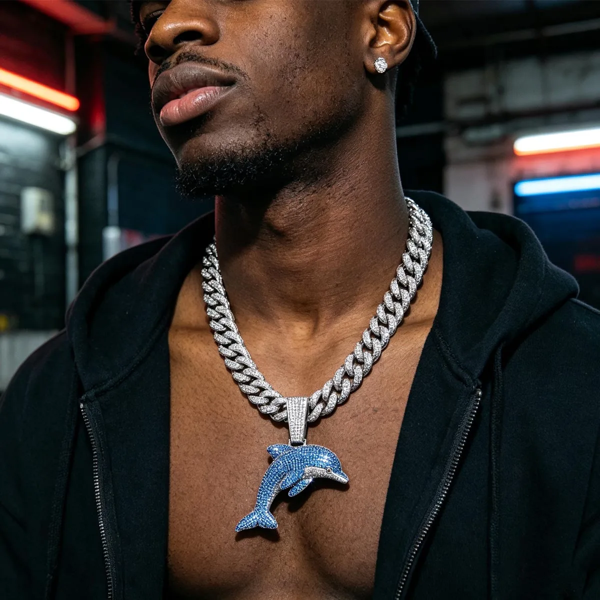 Iced Out Jumping Dolphin Hip Hop Pendant Bling Animal Charm Necklace Sparkling Fine Jewelry For Rapper Men Women Party Club Gift