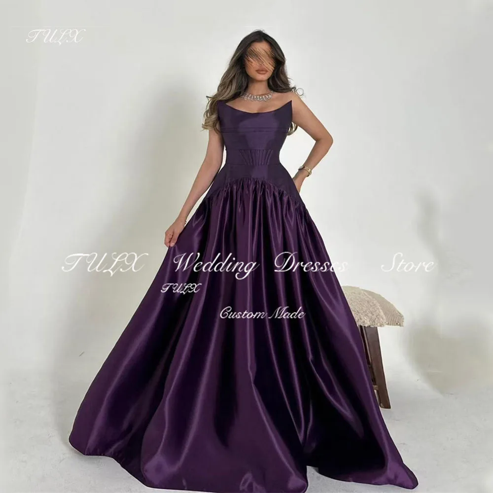 

TULX Elegant Deep Purple Strapless Dubai Party Dresses O Neck A line Pleats Evening Dress Satin Long فساتين سهرة Customized 2025