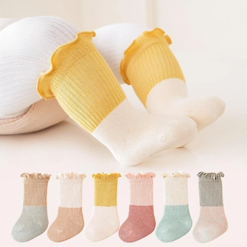 

3Pairs 0-3Year Children's Socks Autumn and Winter New Breathable Baby Socks Wooden Ear Edge Color Matching kids socks