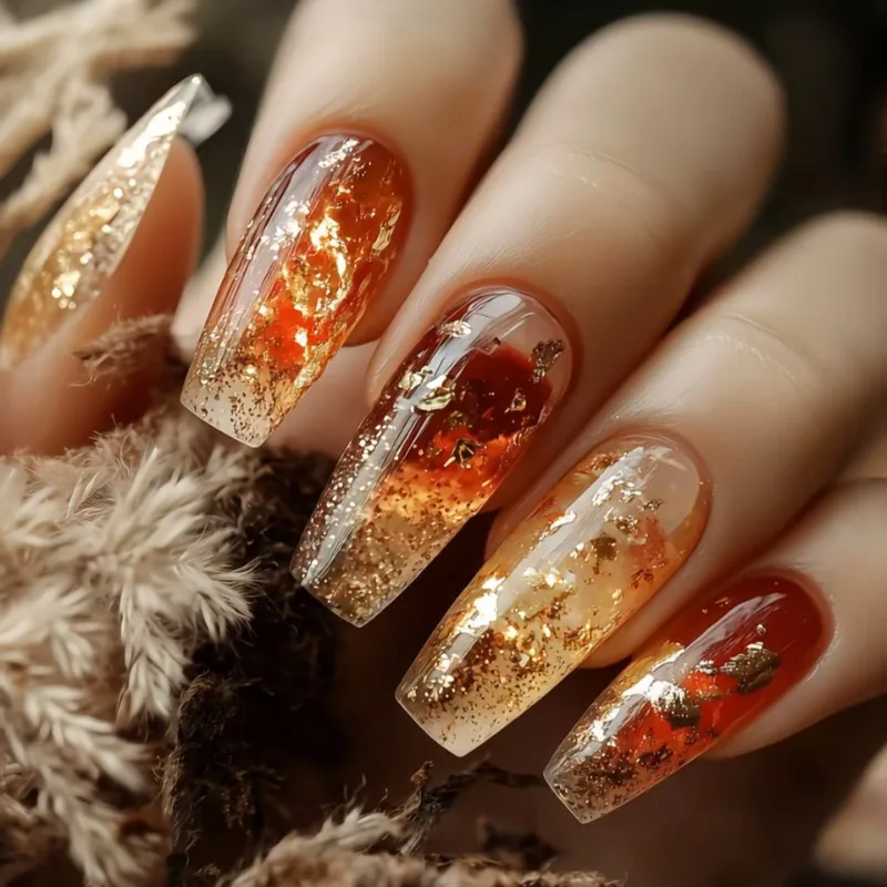 24 pièces ambre feuille d'or presse sur ongles cercueil forme fille chaude Style paillettes résine faux ongles luxe automne hiver Nail Art Uñas 