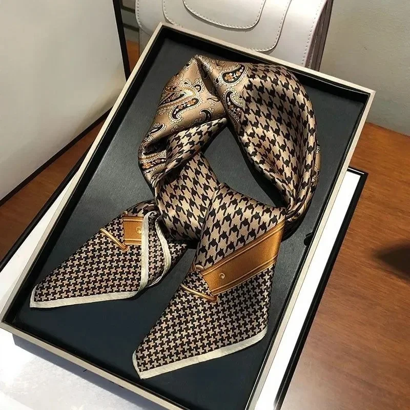 26.77 "بيزلي houndstooth مطبوعة مربع وشاح القهوة اللون رقيقة السلس وشاح للرقبة خمر نمط واقية من الشمس الحجاب للنساء