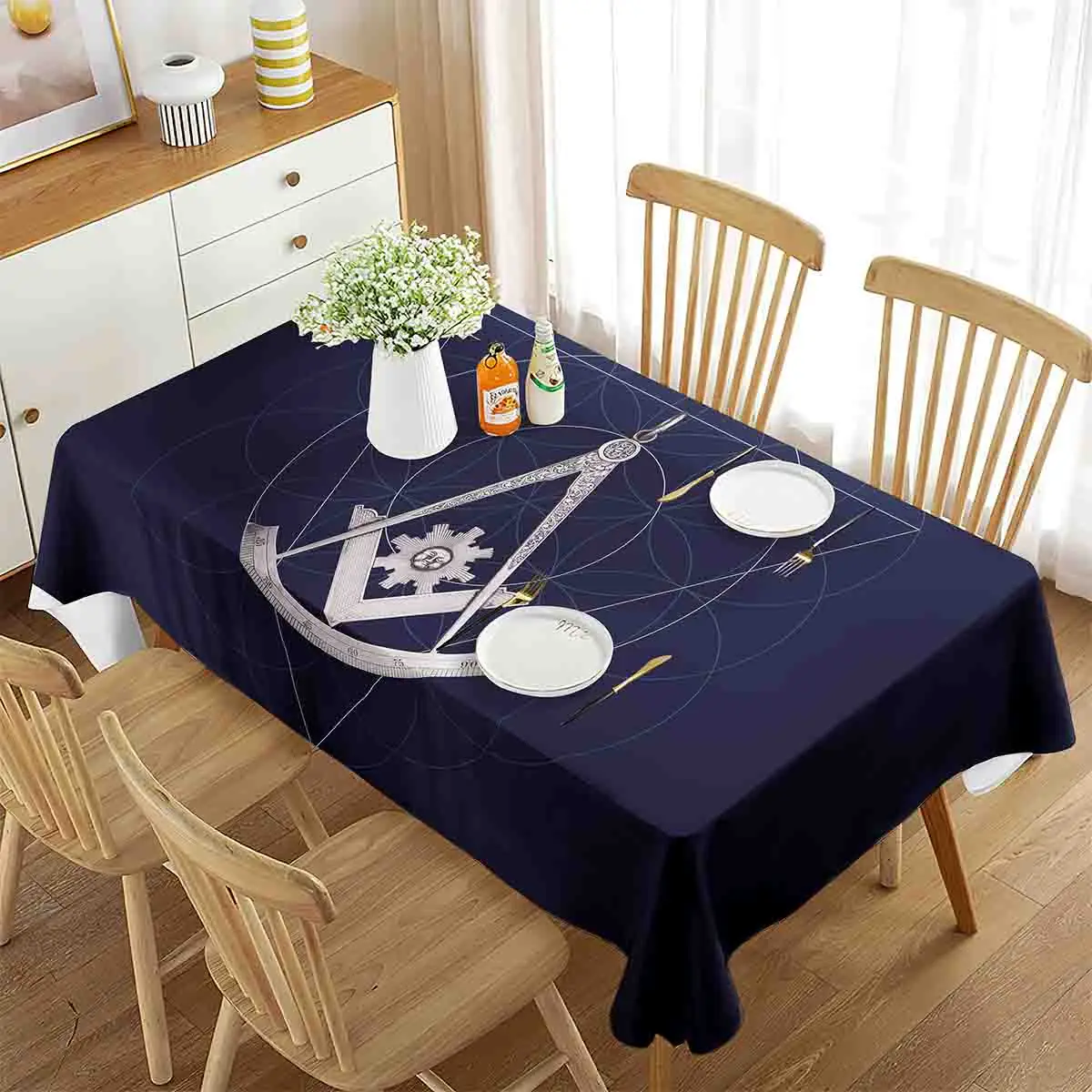 

Masonic Faith Hope and Charity Freemason Logo Black Tablecloth Rectangle Table Cover for Dining Room Living Room Decoration