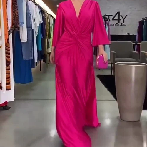 Imagen 1 del producto Vestido de fiesta ajustado de cintura alta para mujer, Túnica drapeada sólida elegante, vestido Sexy con cuello en V, vestido de media manga retorcido para mujer, nuevo, otoño