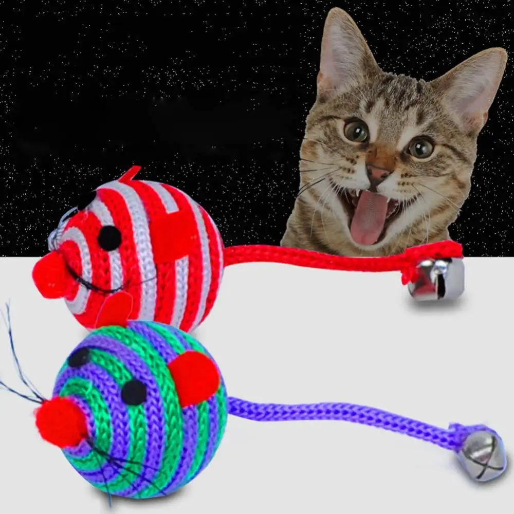 Lovely Stripe Nylon Rope Round Ball Mouse Long Tail Bell Pet Cat Bite Play Toy