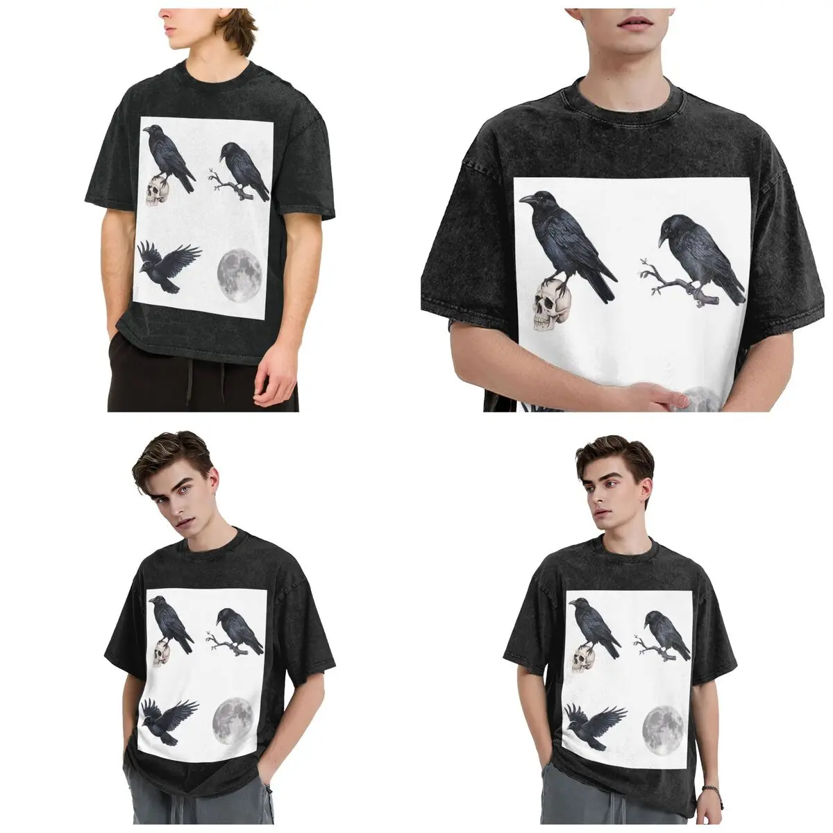Trendy Black Raven Crow ,skull And Moon Pack Short Sleeve T-Shirts Washed Tops Tees Streetwear T Shirt Oversized for Men Women