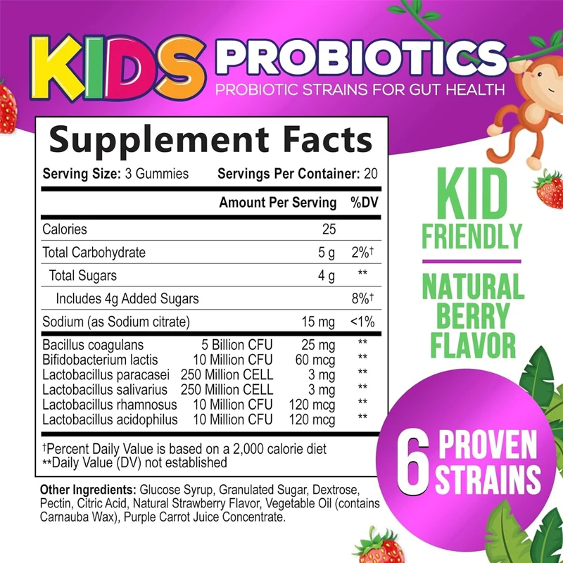 Children\'s probiotic gummies -5 billion colony units containing lactobacilli and bifidobacteria - digestive health