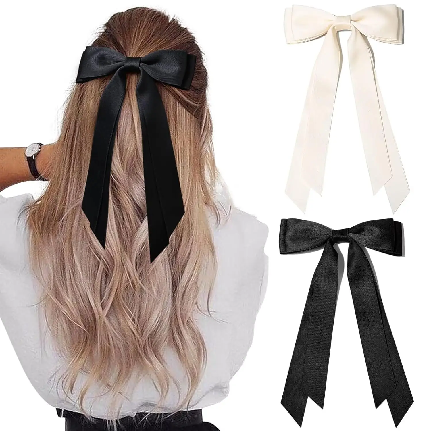 

2PCS Hair Bows Beige Black Hair Ribbon Ponytail Holder Accessories Slides Metal Clips Hair Bow for