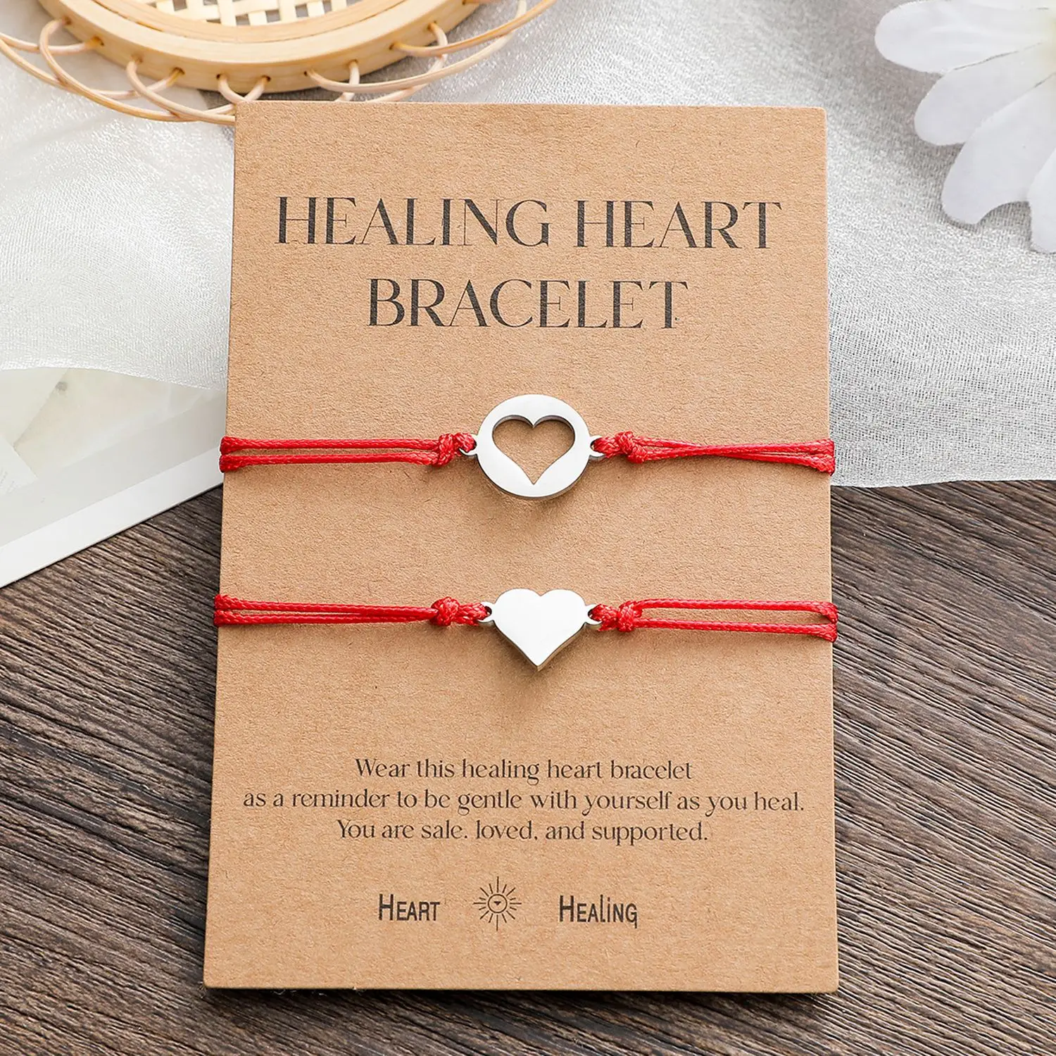 New Stainless Steel Healing Heart Card Bracelet Red Heart Wax Thread Weaving Jewelry Gift Wholesale