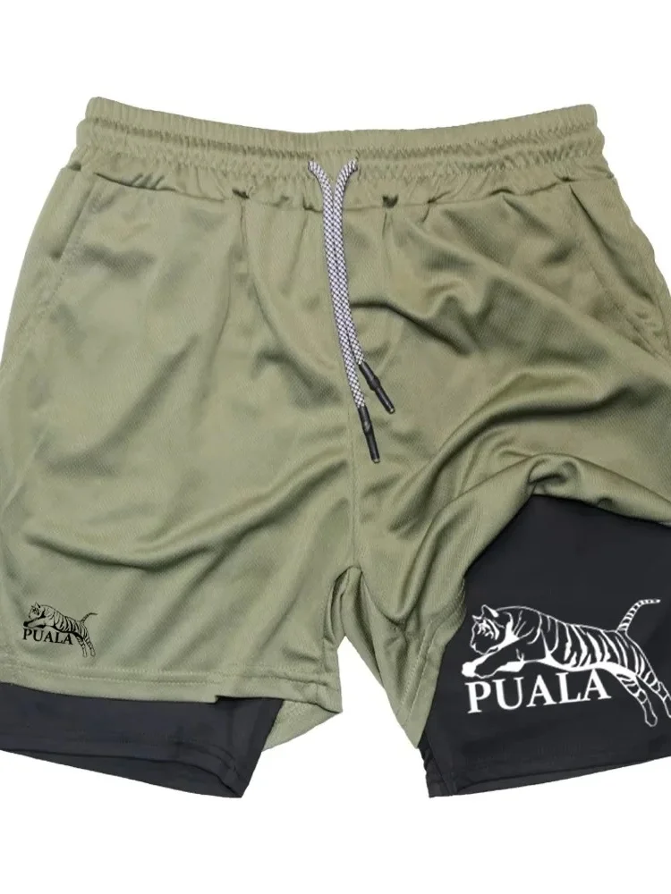 

Men's Summer Double Layer orts Breathable Running Sport Fitn Qui Dry Tiger Logo Fake Two-Piece orts Casual Pants