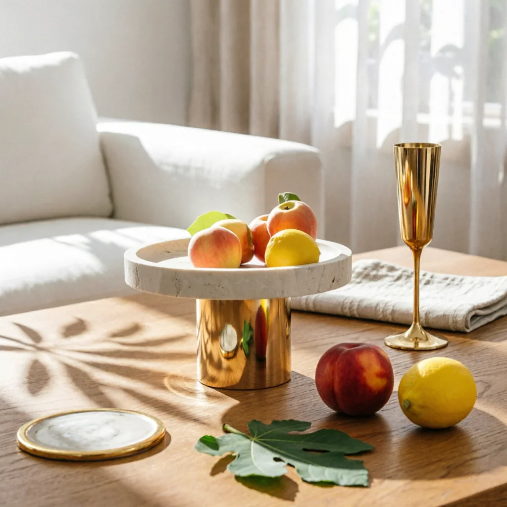 Travertine Pedestal Tray Natural Fruit Bowl with Pedestal Dish Versatile for Coffee Table, Entryway Console