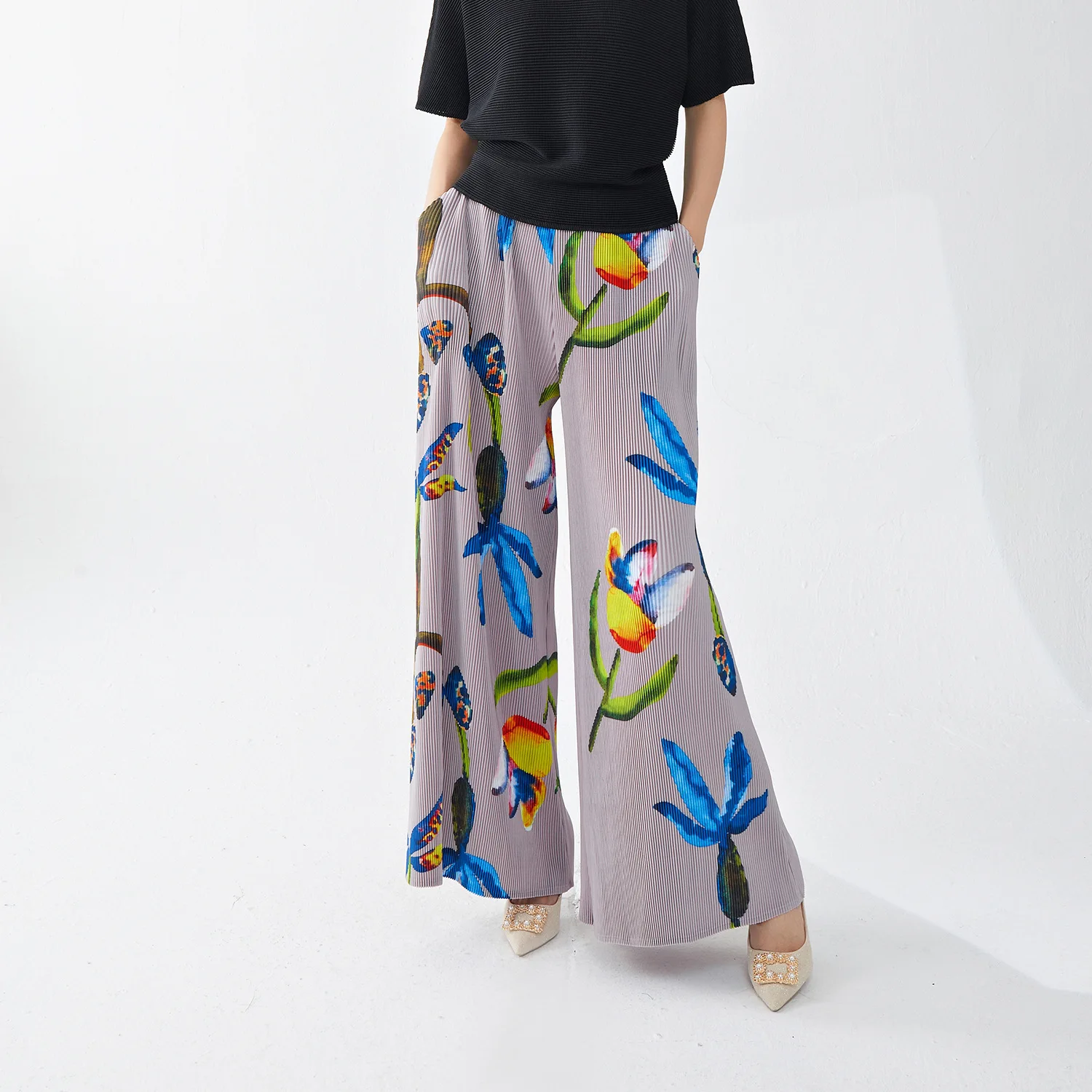 Miyake PLEATS Pants for Women, Thick Printed Loose Trousers, Large Size Drape Versatile Casual Wide Leg Pants, Autumn and Winter