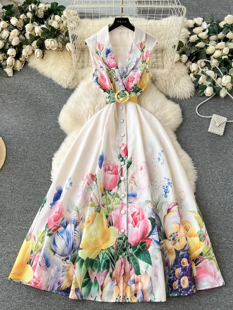 

Women Elegant Long Dress Summer Stand Collar Single Breasted Print Bohemian Party Dresses Vintage Ladies High Waist A-line Dress