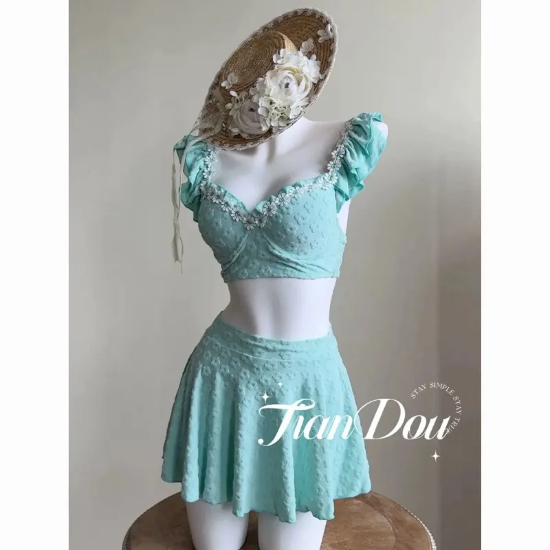 Women's Sweet Ruffle Trim 3 Piece Skirted Bikini Set Push Mint Green Swimsuit