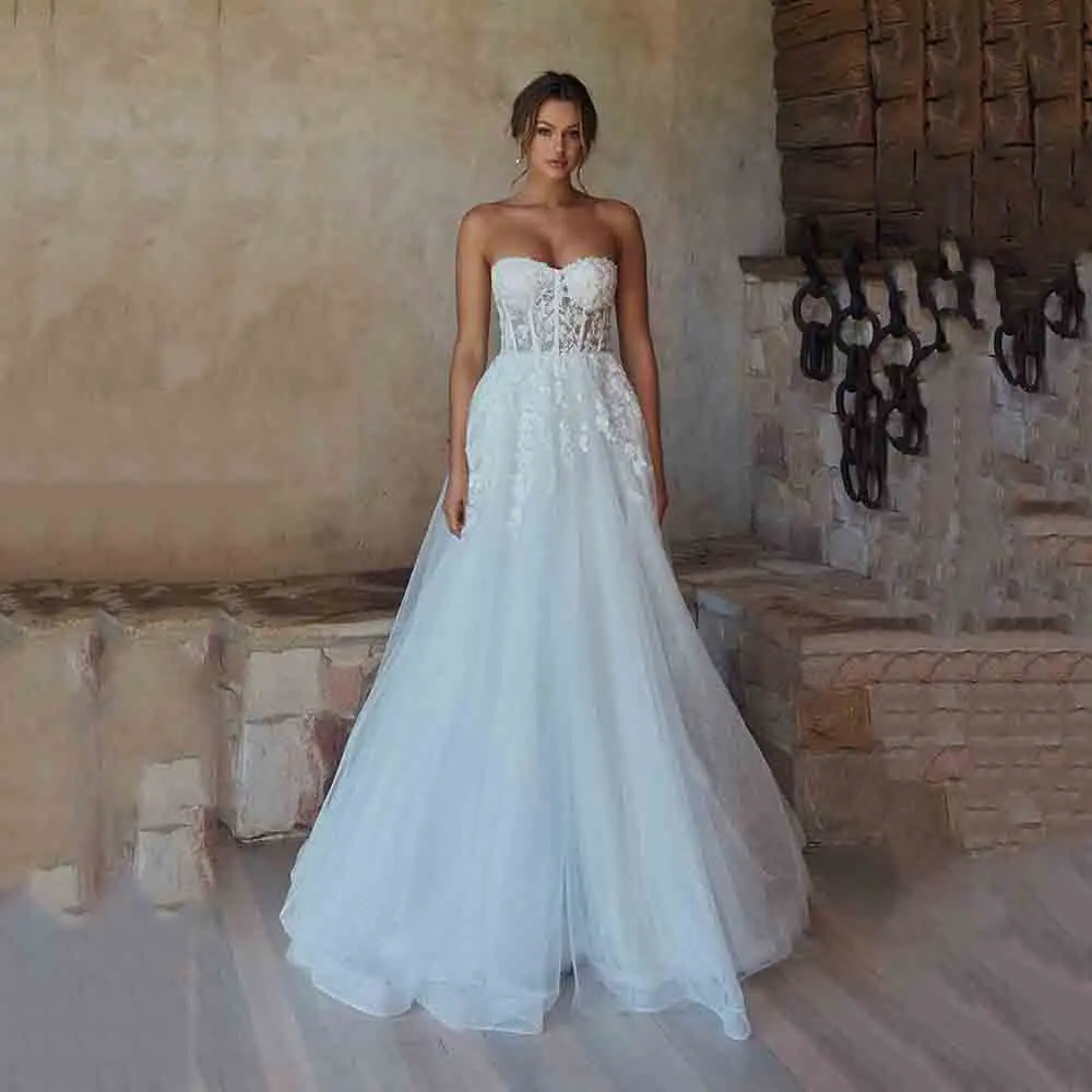 

Msikoods Romantic Wedding Dresses 2026 Strapless Corset Lace Glitter Tulle Brides Wedding Gown A-line Bridal Dress Customized