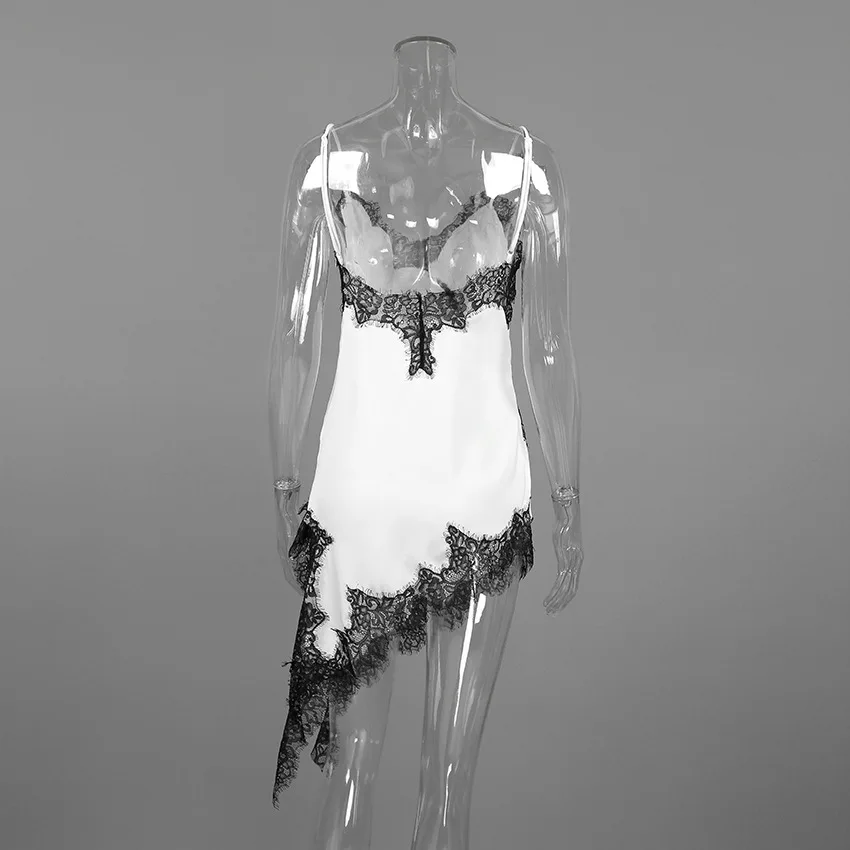 2026 봄 여성용 화이트 새틴 캐미 슬립 드레스 블랙 레이스 트림 스파게티 스트랩 딥 V넥 섹시 드레스 우아한 비대칭 드레스