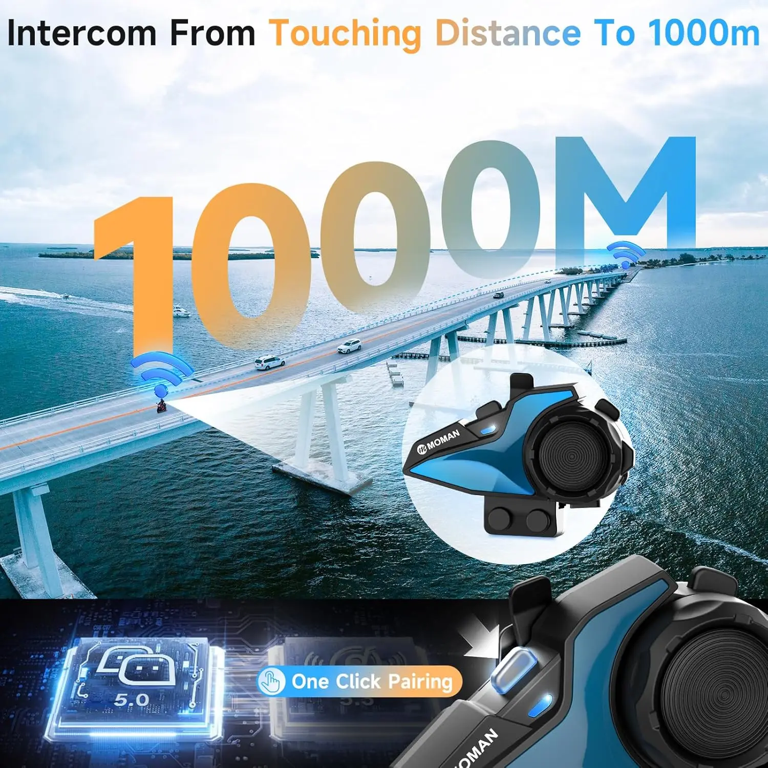 Motorcycle Intercom Bluetooth Helmet Headset H2E Eagle-Like Communication System Dual Chips for Audio Multitasking HiFi Sound