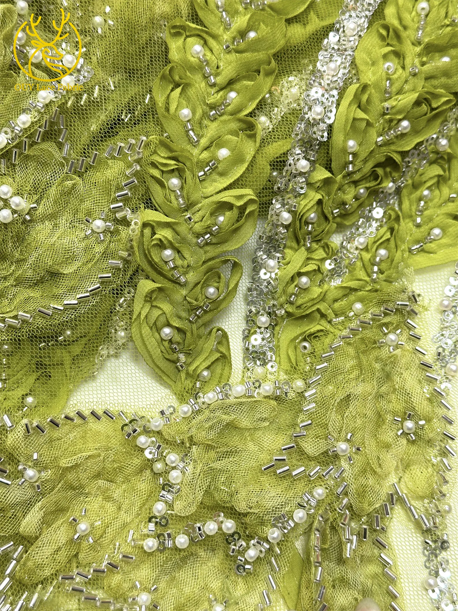 Französischer Luxus 3D-bestickter Perlen-Spitzenstoff, 5 Yards, eleganter afrikanischer nigerianischer Pailletten-Spitzenstoff für Damen, Hochzeits- und Partykleid – Detail 12