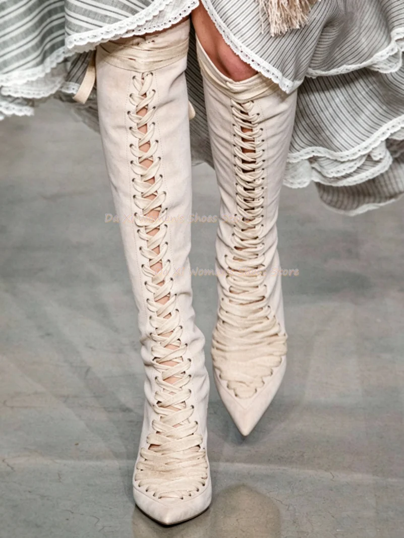 White Lace-up Cutout / Openwork Knee-High Boots Pointed Tip Stiletto Heels Faux Suede Texture / Quality Feel Evening Boots