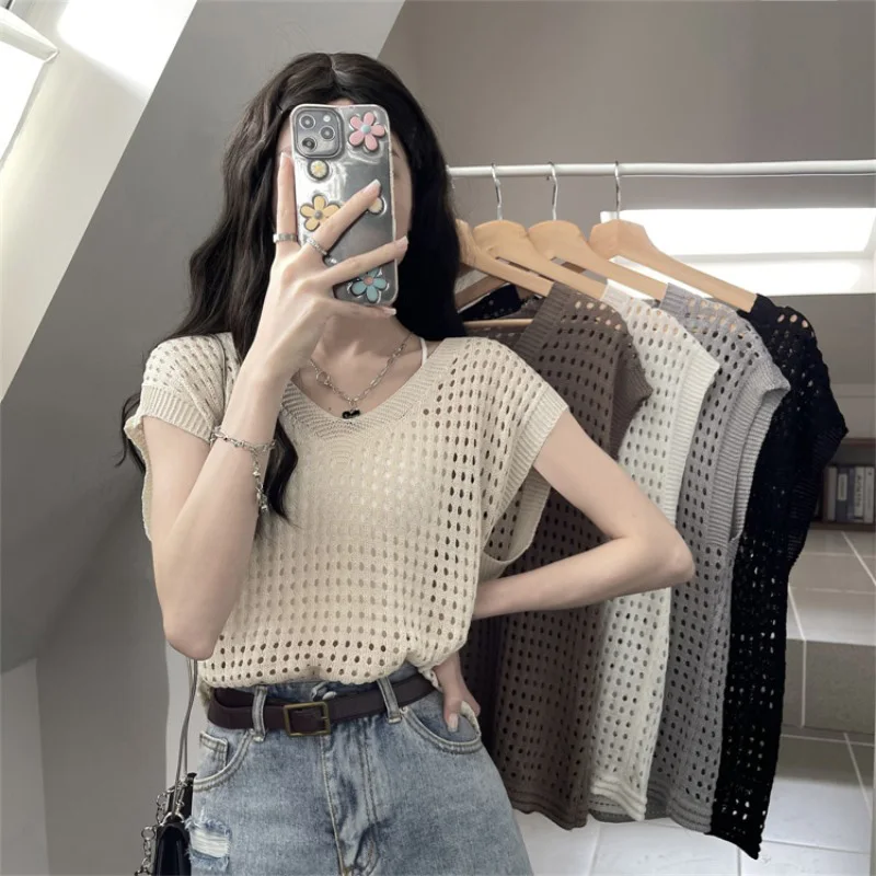 

Boring Honey Fashion Hollow Out Thin Knitted Sunscreen Blouse Women's Summer Loose V-Neck Pullover Top Women O-Neck Solid T-Shir
