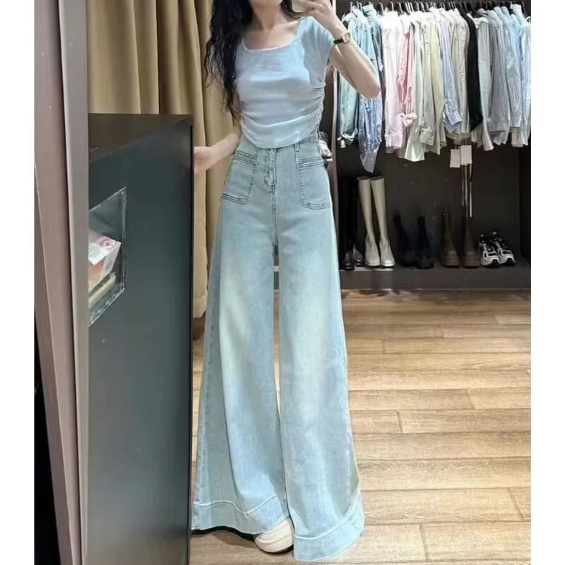 Vaqueros Vintage para mujer, ropa vaquera plisada Y2K, moda de estilo coreano, cintura alta, holgado, negro, ropa informal estética Harajuku