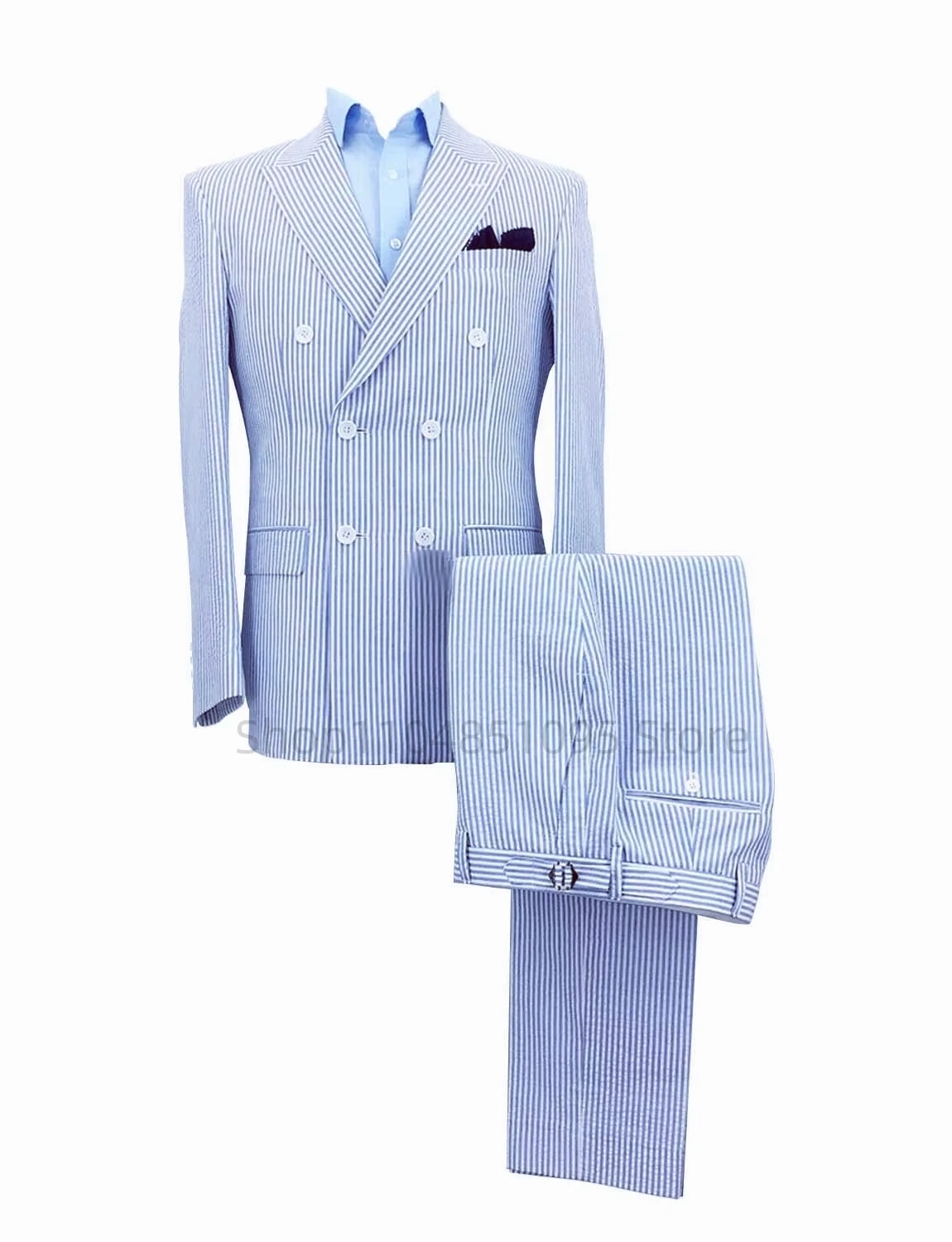 

2 Pieces Summer Striped Men Suits Seersucker Notched Lapel Blazer Wedding Party Suit Jacket Pants Casual Slim Fit Suits for Men