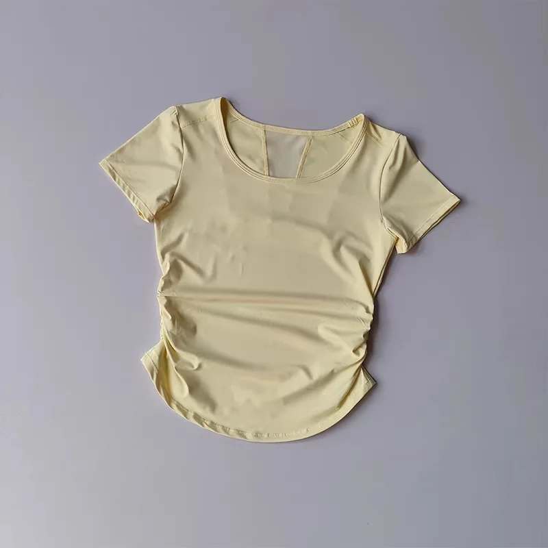 Damen Yoga-Shirt mit kurzen Ärmeln aus Mesh, schnelltrocknend, atmungsaktiv, mit seitlich geraffter Taille, figurbetont, sportliches T-Shirt, Sommer-Gym-Activewear – Detail 12