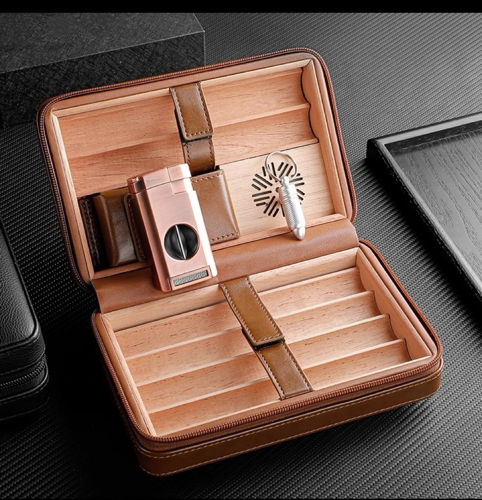 PU Leather Cedar Cigar Box, Portable Travel Cigar Box With Lighter, Cigar Drill, Dropper, And Humidifier.