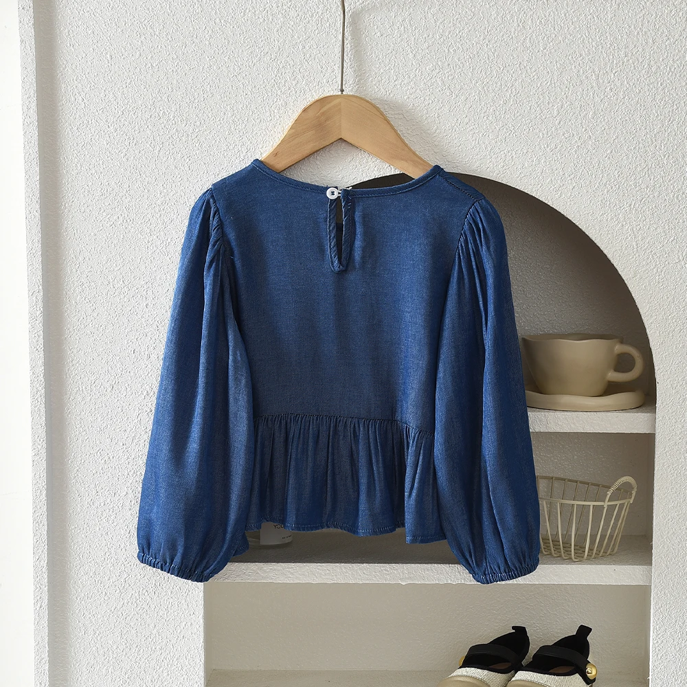 قميص أزرق للفتيات بعمر 3-7 سنوات برقبة دائرية وأكمام طويلة قميص أساسي للأطفال النسخة الكورية العصرية والمتعددة الاستخدامات