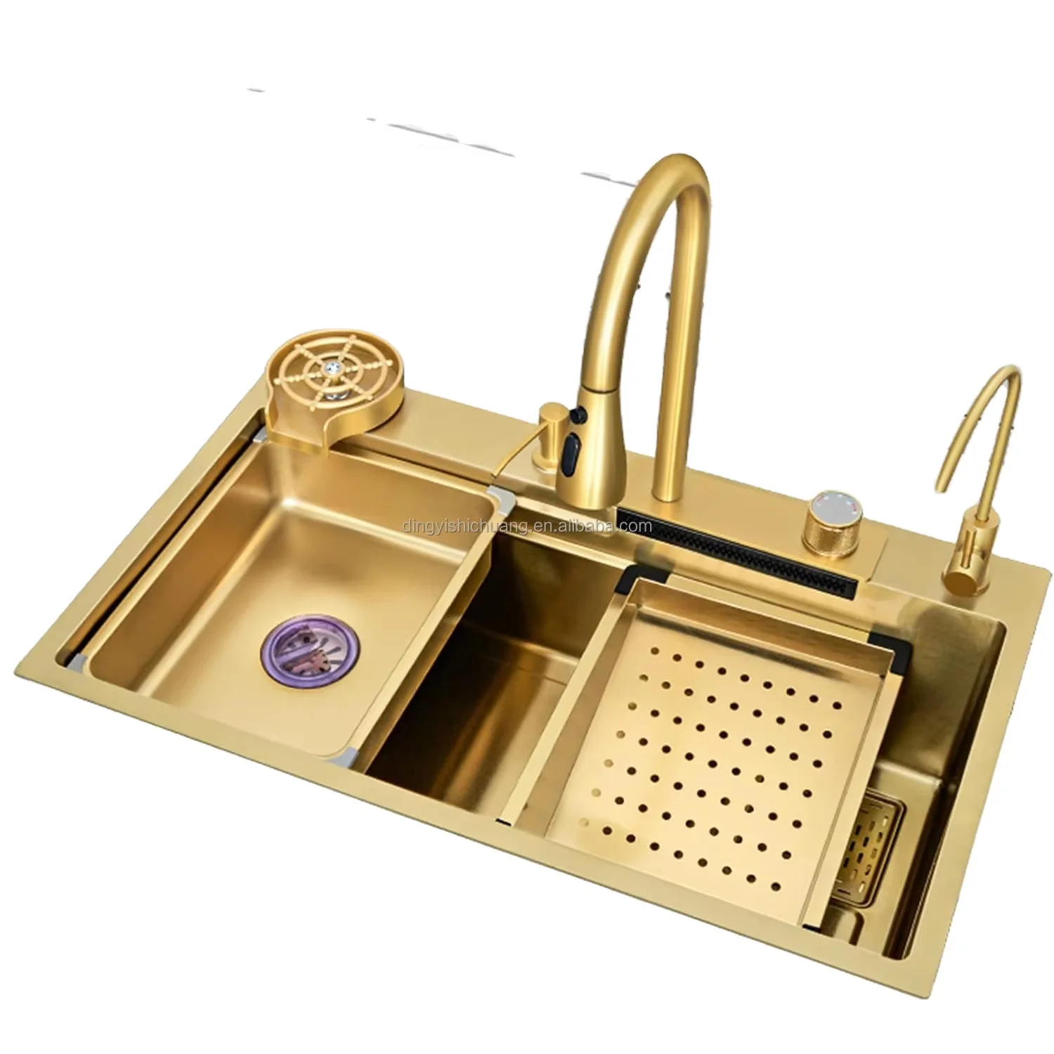 Custom Hand Made Stain Kitchen Sinks Gold Nano Finish 3mm Thick Single Bowel Kitchen Sink Set Large Space With Drain Overflow