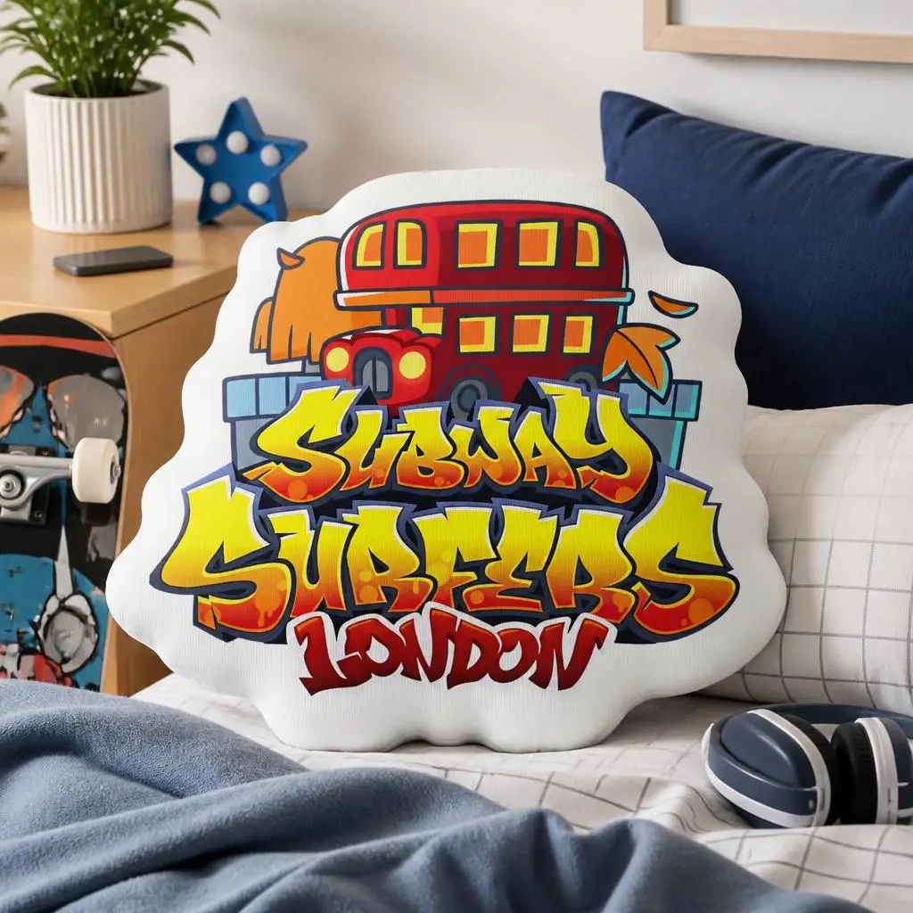 Subway Surfers London Shaped Throw Pillow Stuffed Cushion Red Double Decker Bus Graffiti Style Sofa Home Decor Gift Accent
