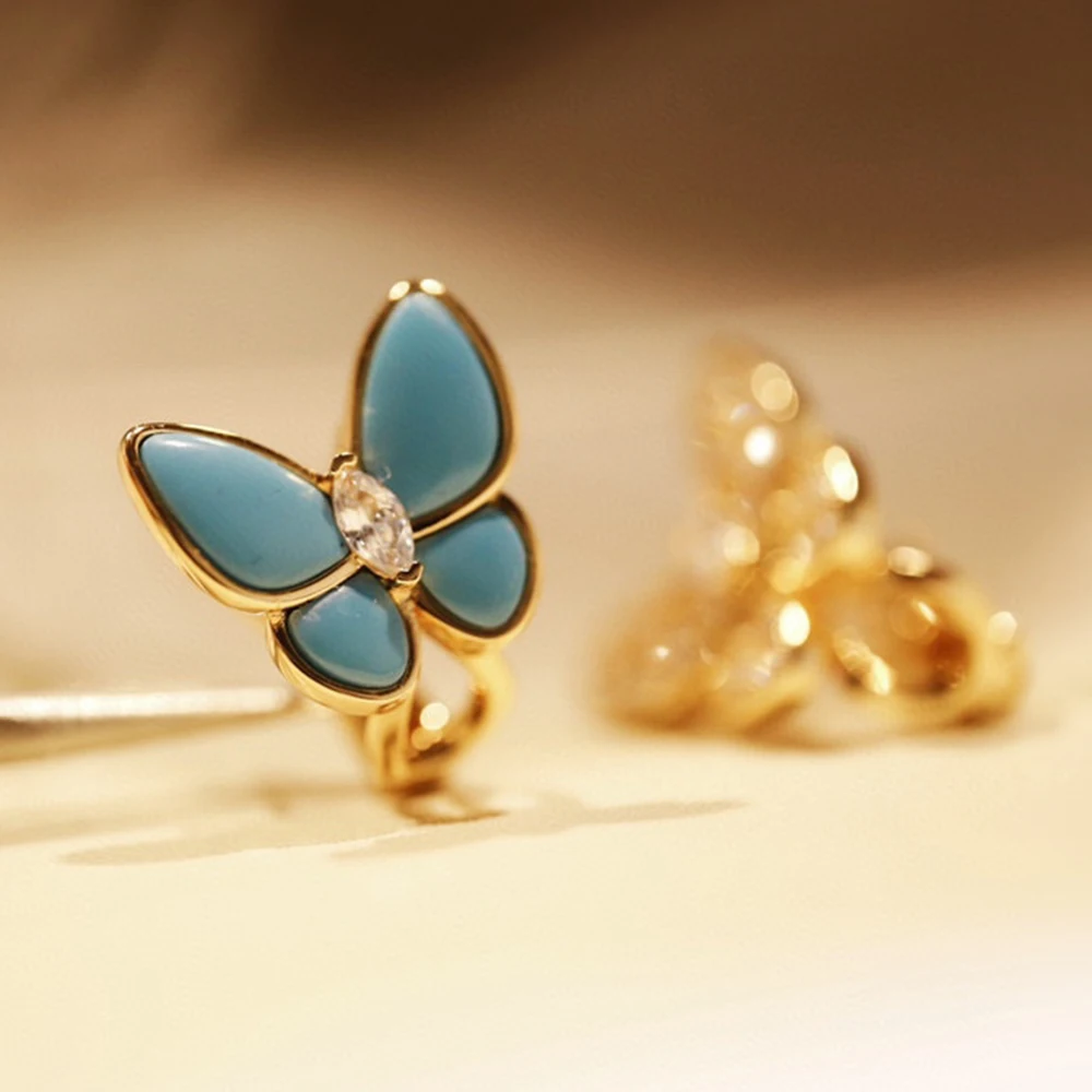 2022 Hot Brand Pure 925 Sterling Silver Earrings Butterfly Full Diamond Luxury Blue Turquoise Wings Gold Color Design Jewelry