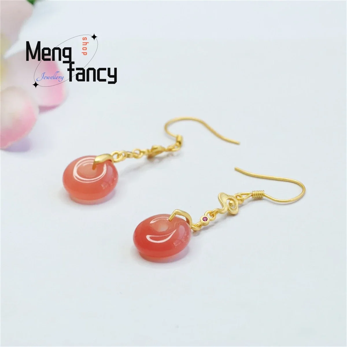 

Natural S925 Silver Inlaid Salt Source Agate Safety Buckle Gold Auspicious Cloud Earring Style Personalized Fashion Fine Jewelry