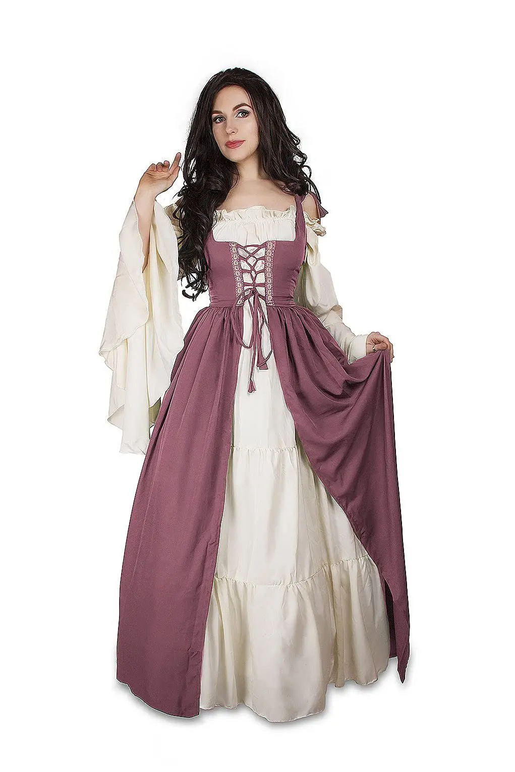 Halloween Costume Womens Cross Square Neck Bundle Corset Medieval Vintage Long Dress Lace Up Waist Flare Sleeve Cosplay 2pcs