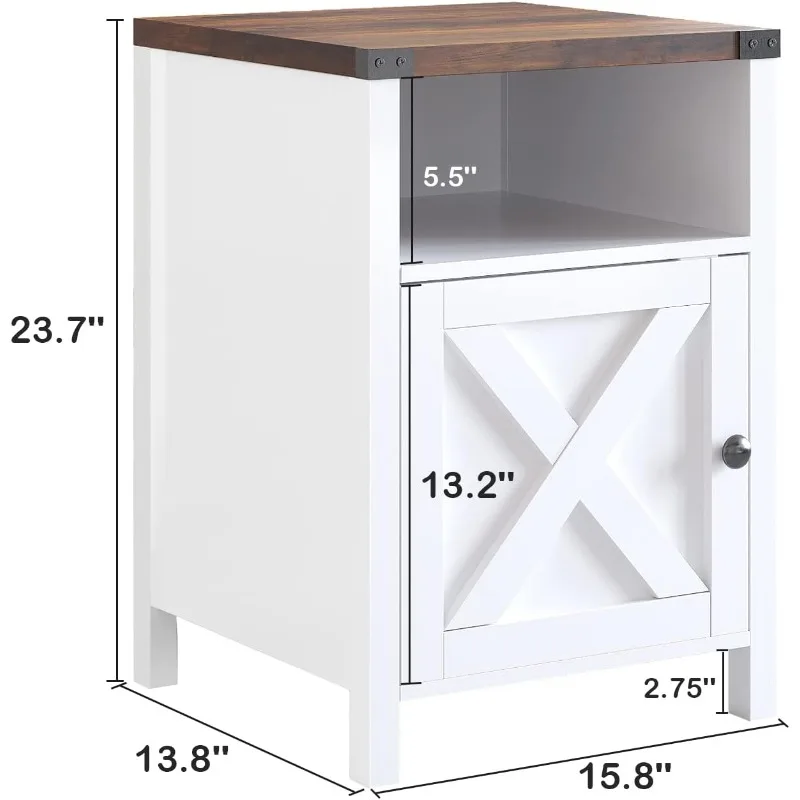 End Table, Set of 2, Rustic Night Stand with Barn Door and Storage Shelf, White End Table Side Table for Bedroom Living Room