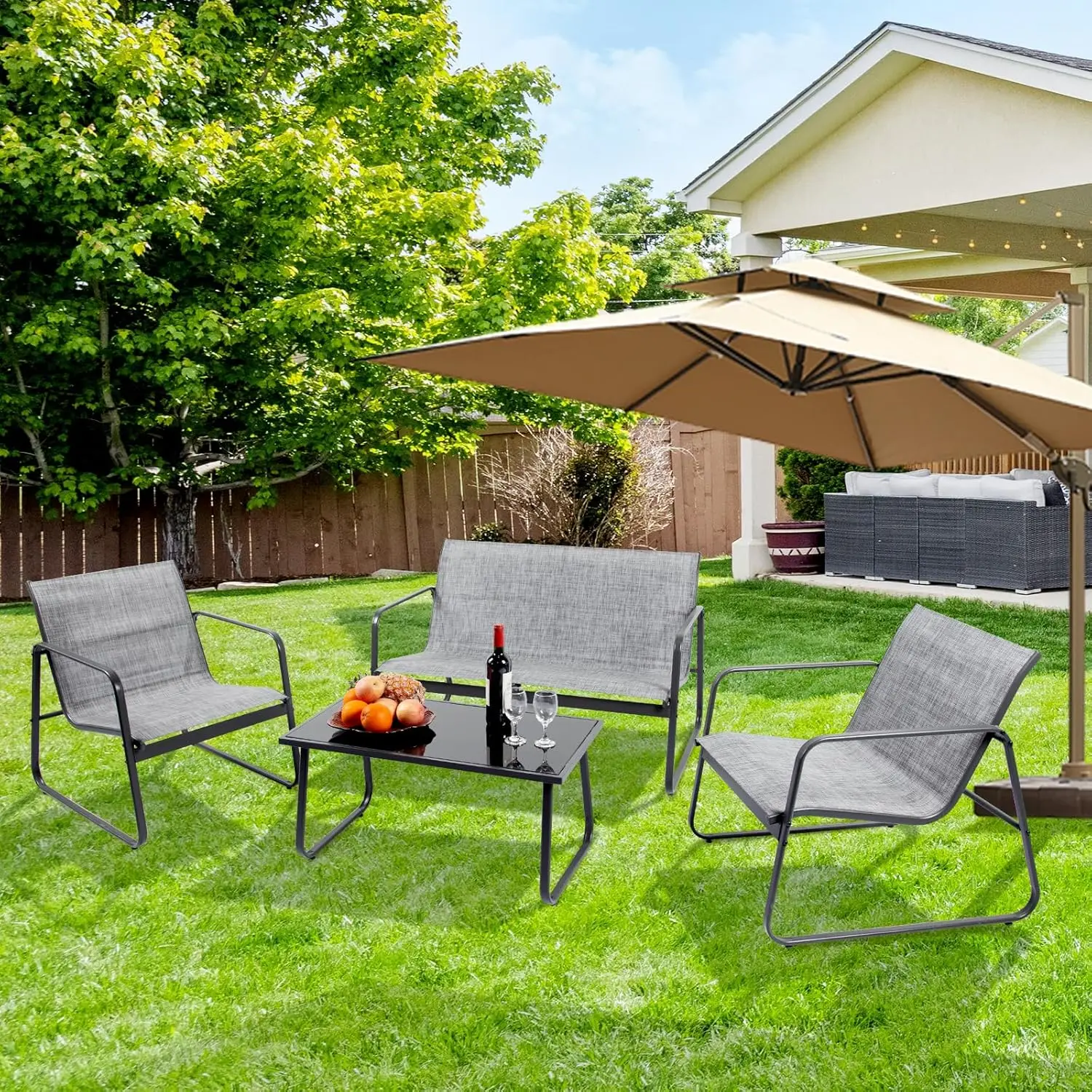 Juego de muebles de Patio al aire libre, conjunto de conversación, sillas de césped junto a la piscina con mesa de centro de cristal, muebles para porche, 4 piezas